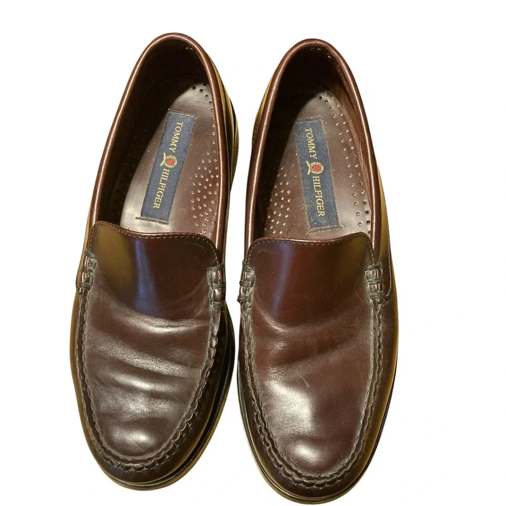 Tommy Hilfiger Mens Leather Loafers Burgundy Brown Size 8‎ M